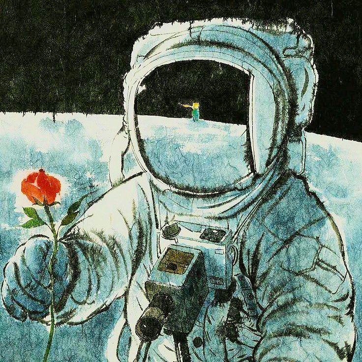 Astronauta con una rosa en la luna.